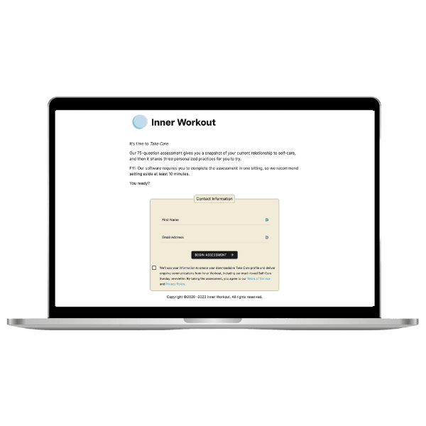 Inner Workout's Take Care assessment website pulled up on a laptop